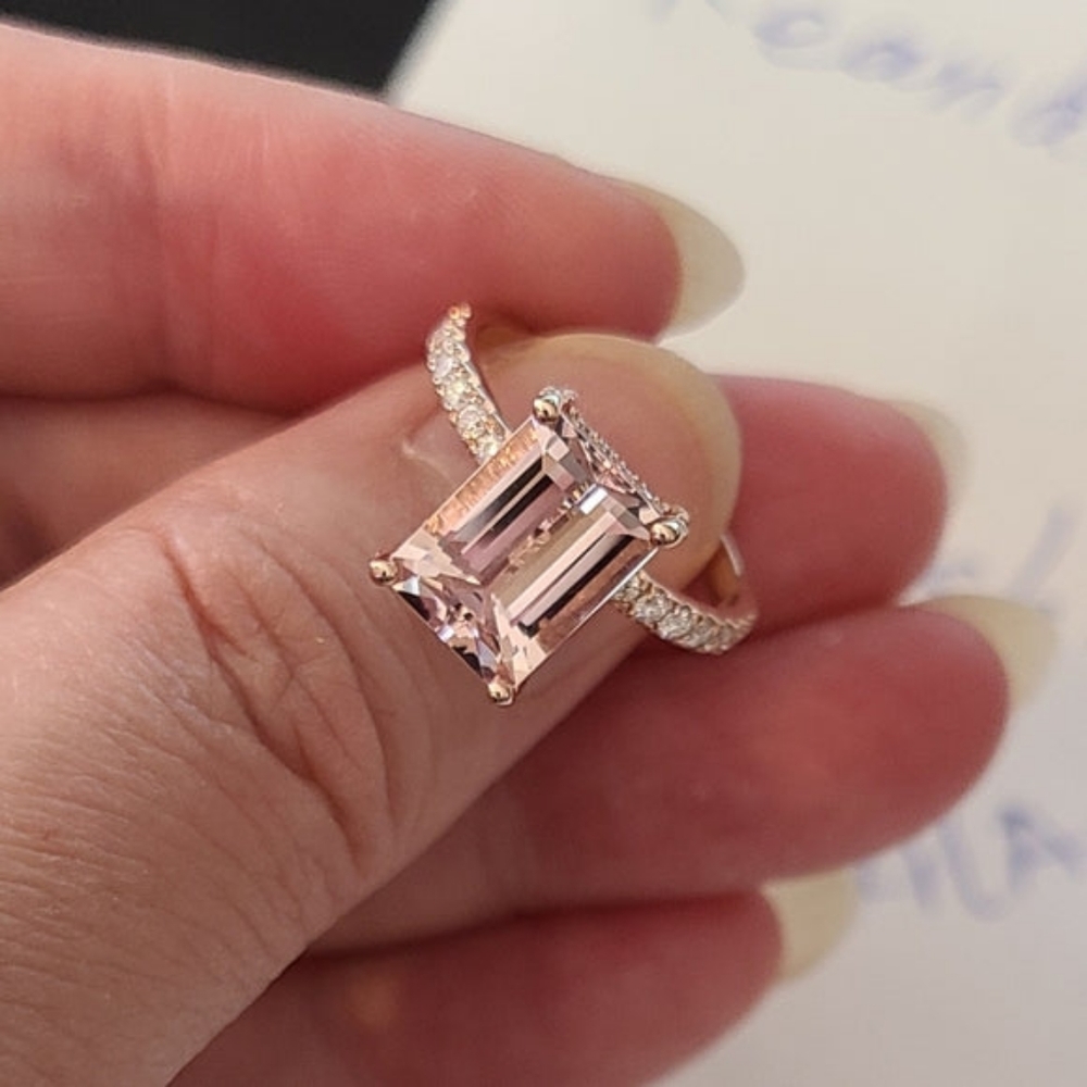 Solid 14k gold 2.37ct emerald cut morganite ring with side lab diamond